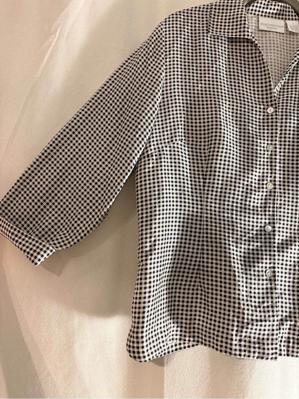 Preppy Academia Old Money Black and White Gingham Silk Blouse - Picture 4 of 6